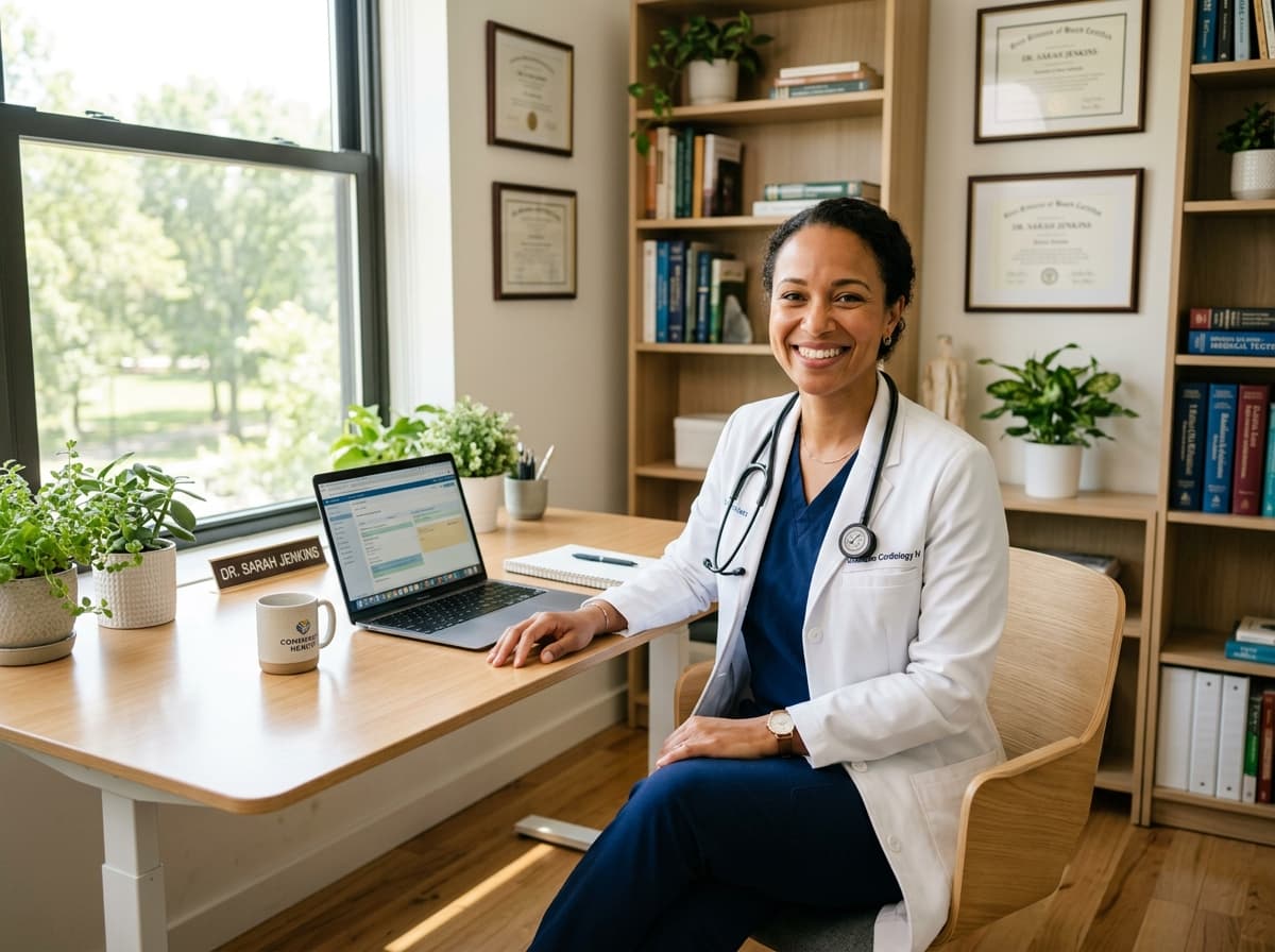 Clinician seated at a desk with a laptop